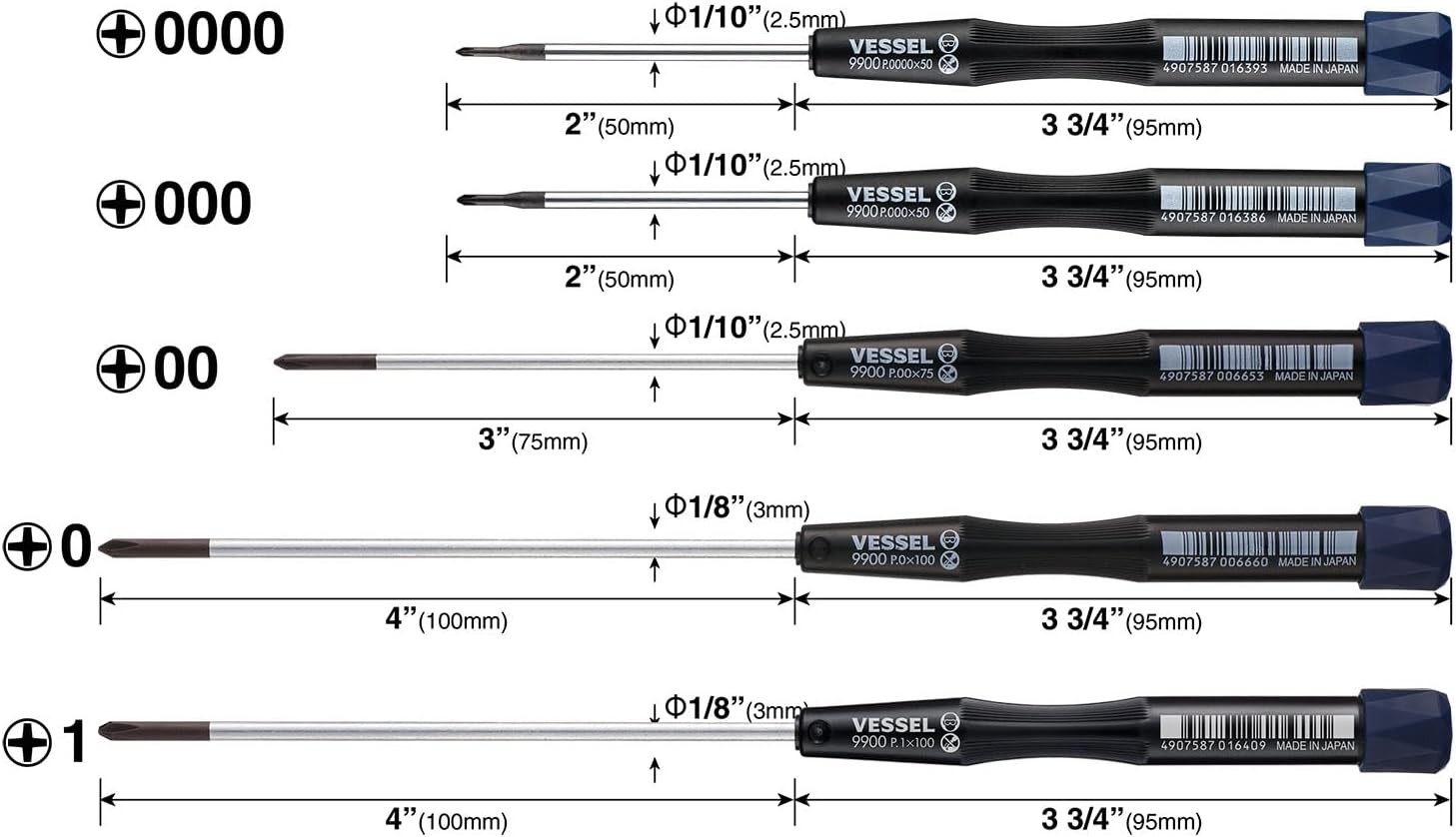 Vessel Precision Micro Tip Screwdriver Set +0000, +000, +00, +0, +1 99005PHPBU
