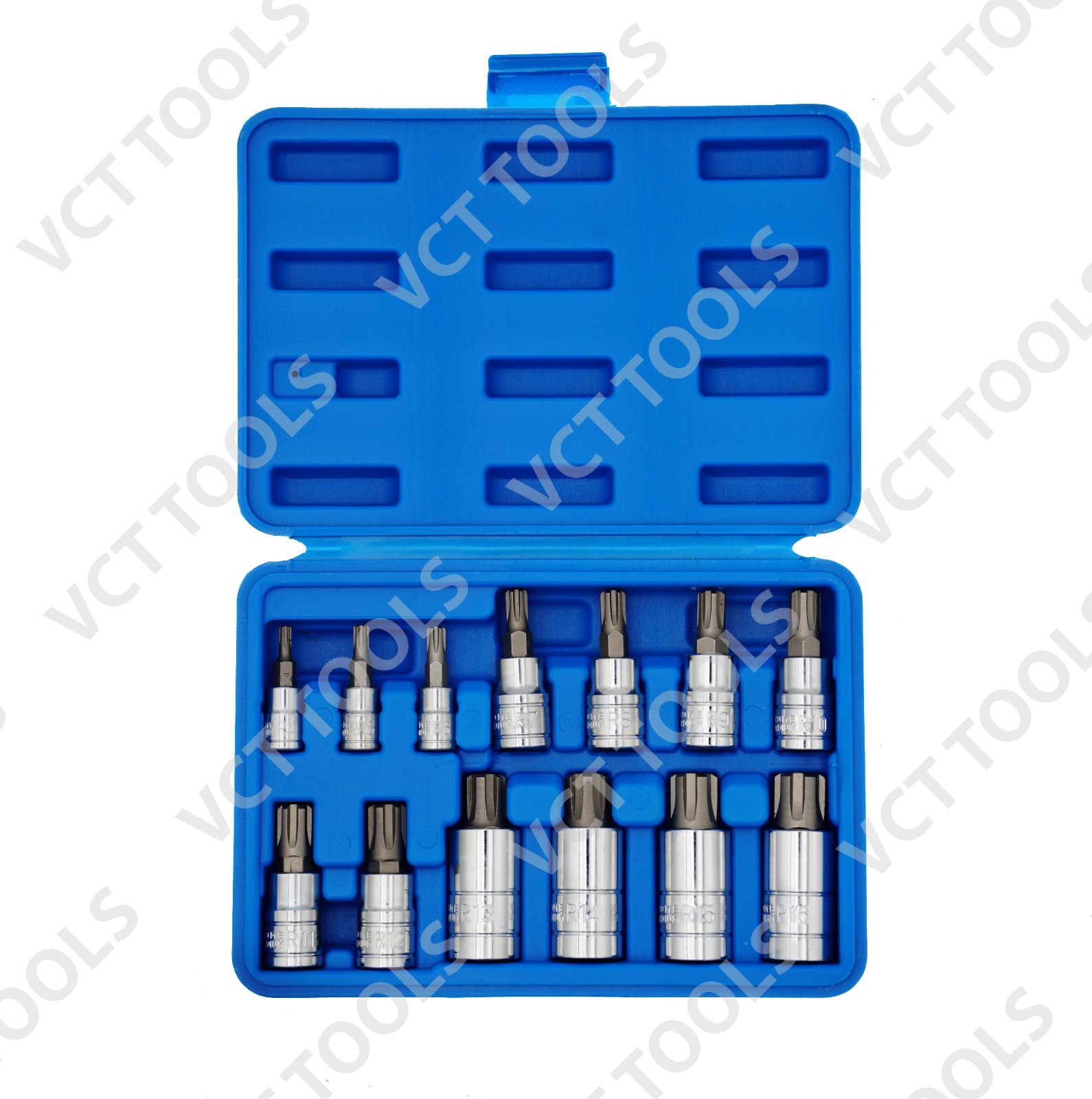 13pc Ribe Bit Socket Set – Cr-V Socket + S2 Steel Bit R4–R16 1/4″, 3/8″, 1/2″ Dr