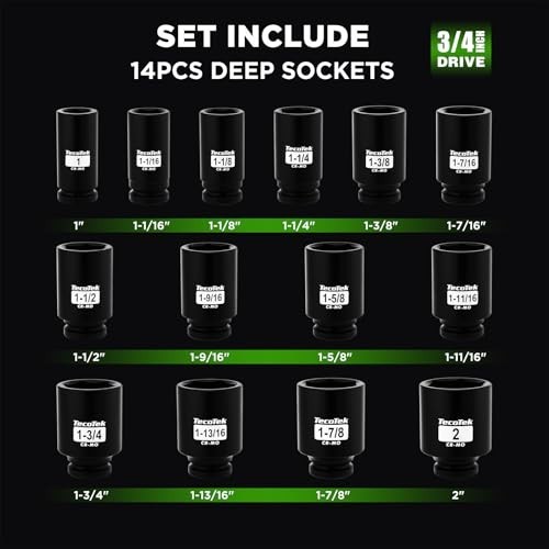 14-Piece 3/4″ Drive Deep Impact Socket Set, Heavy Duty Cr-Mo SAE for Large Vehic