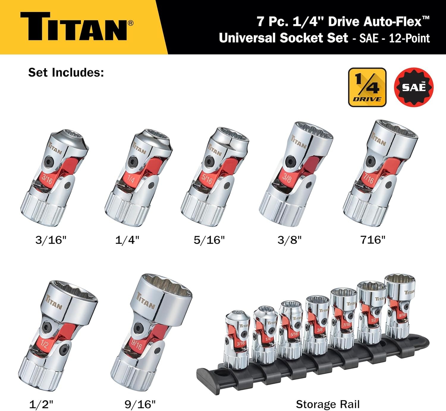 Titan Tools Auto Flex Universal Socket Set – SAE, 1/4″ Drive, 7 Piece (66860)