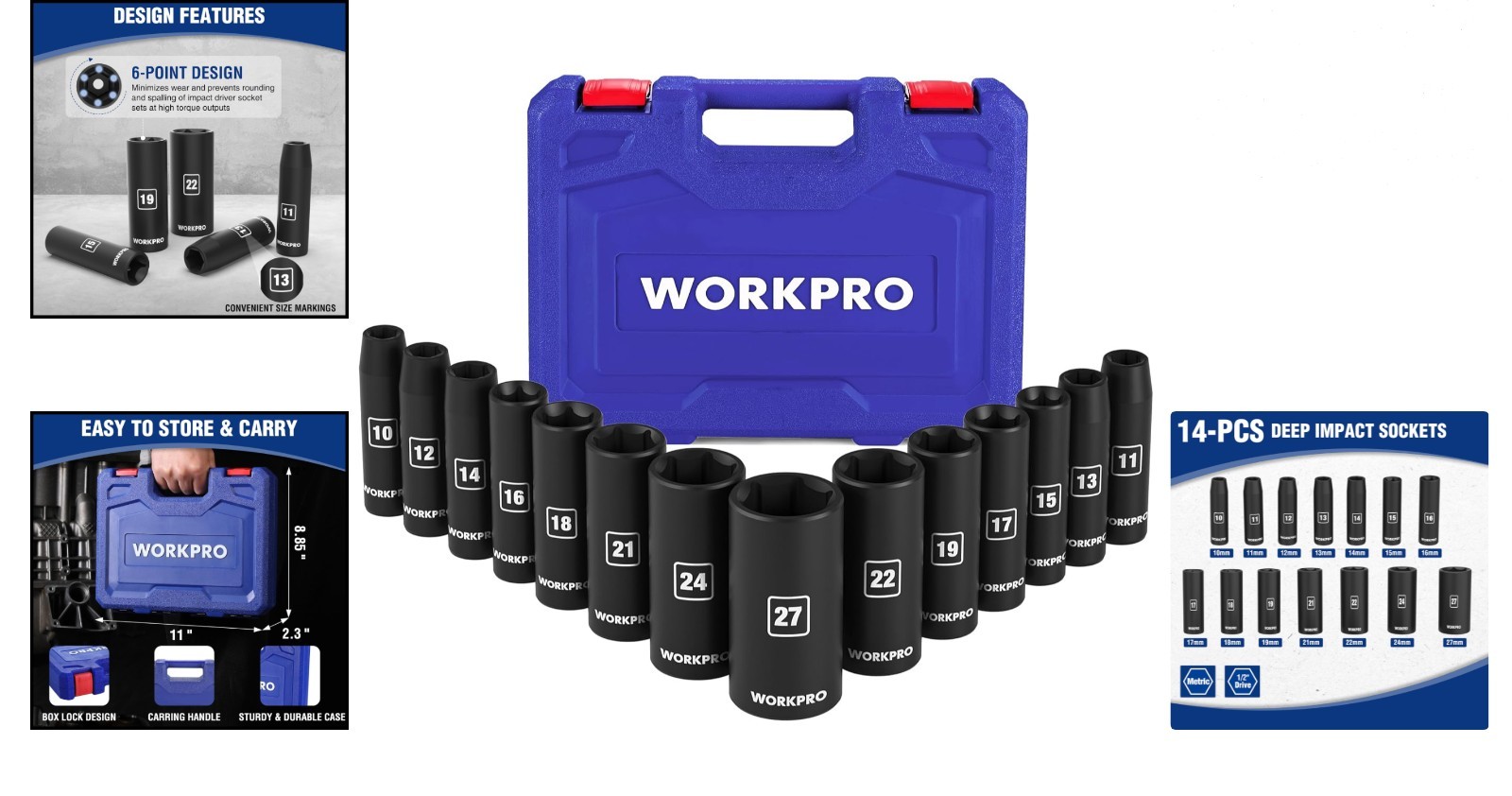 14-Piece 1/2″ Drive Deep Impact Socket Set 6-Point Cr-V Steel for Automotive …