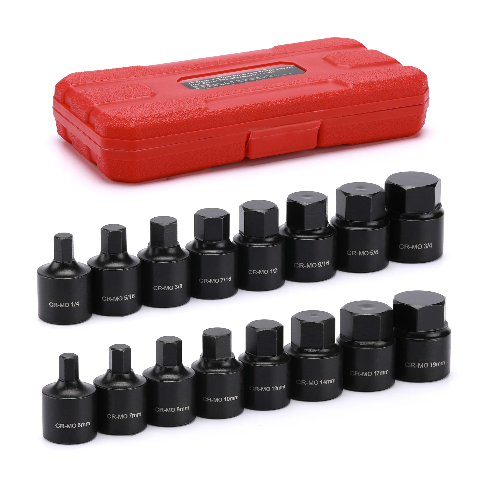 16 Pcs 3/8 Inch Drive Low Profile Impact Hex Driver Set Cr-Mo 1/4″-3/4″ 6mm-19mm