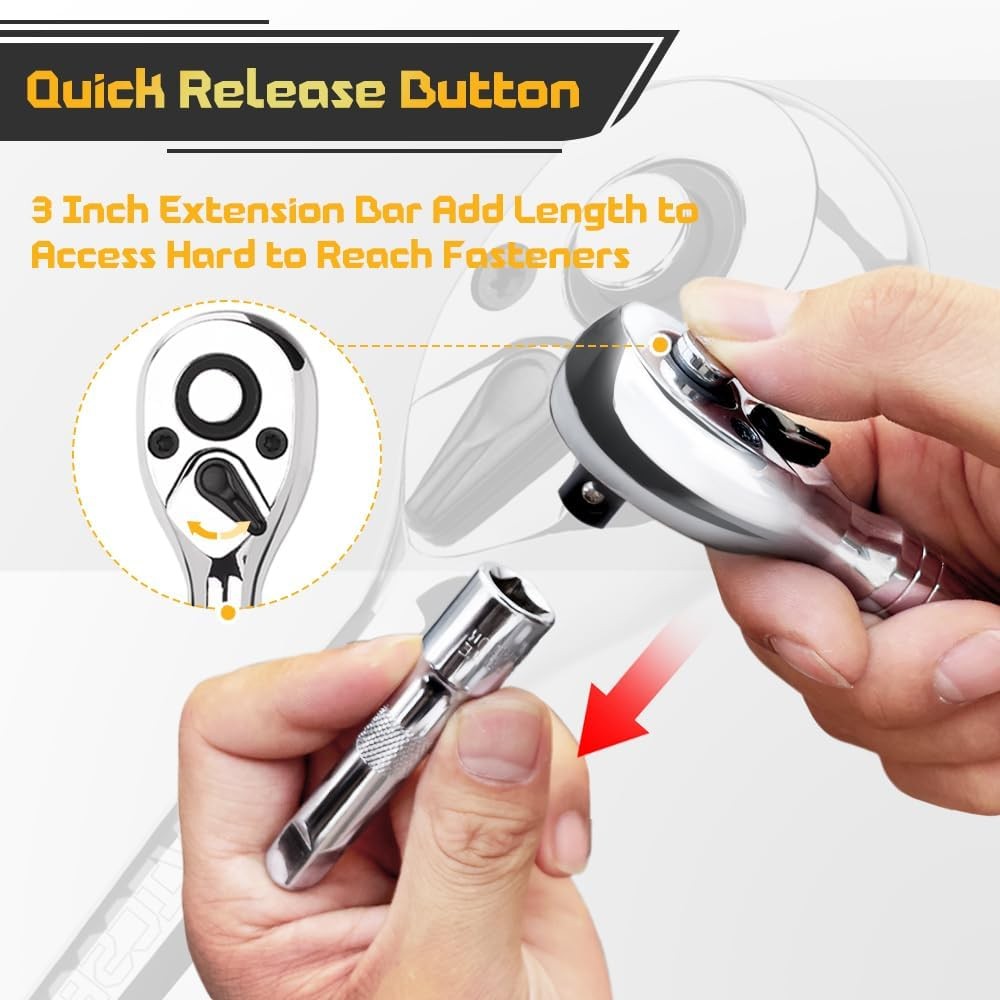 Stubby Ratchet Set- 3/8″ Drive Handle with a Extension Bars, Silver