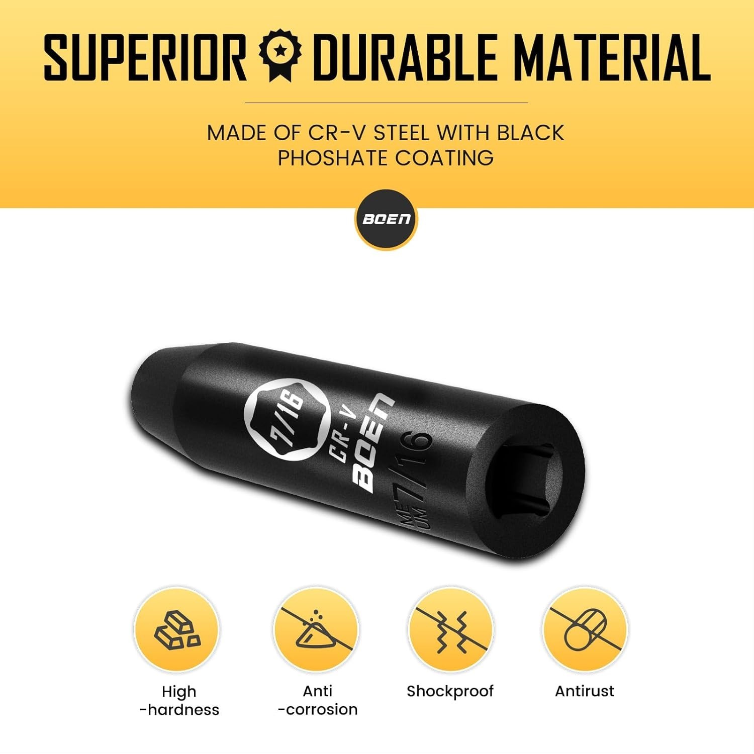 BOEN 1/2″ Drive Deep Impact Socket,7/16 Inch Premium Socket,SAE,6 Point,Cr-V Ste