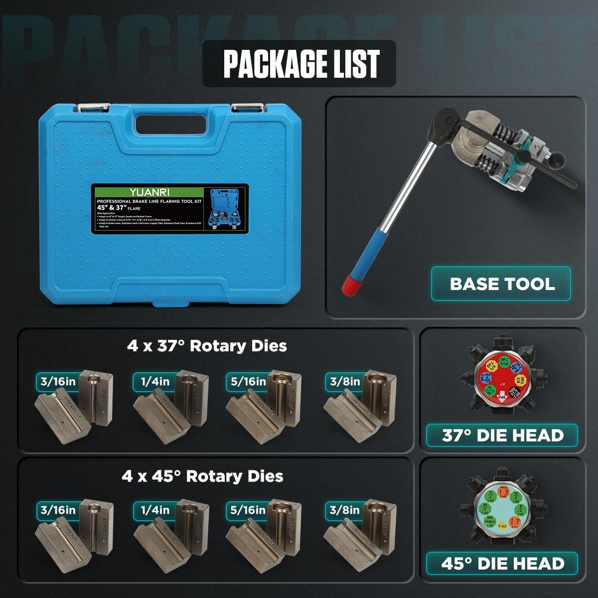 Brake Line Flaring Tool Kit, 45° & 37° Flaring Tool Set for 3/16″, 1/4″, 5/16″