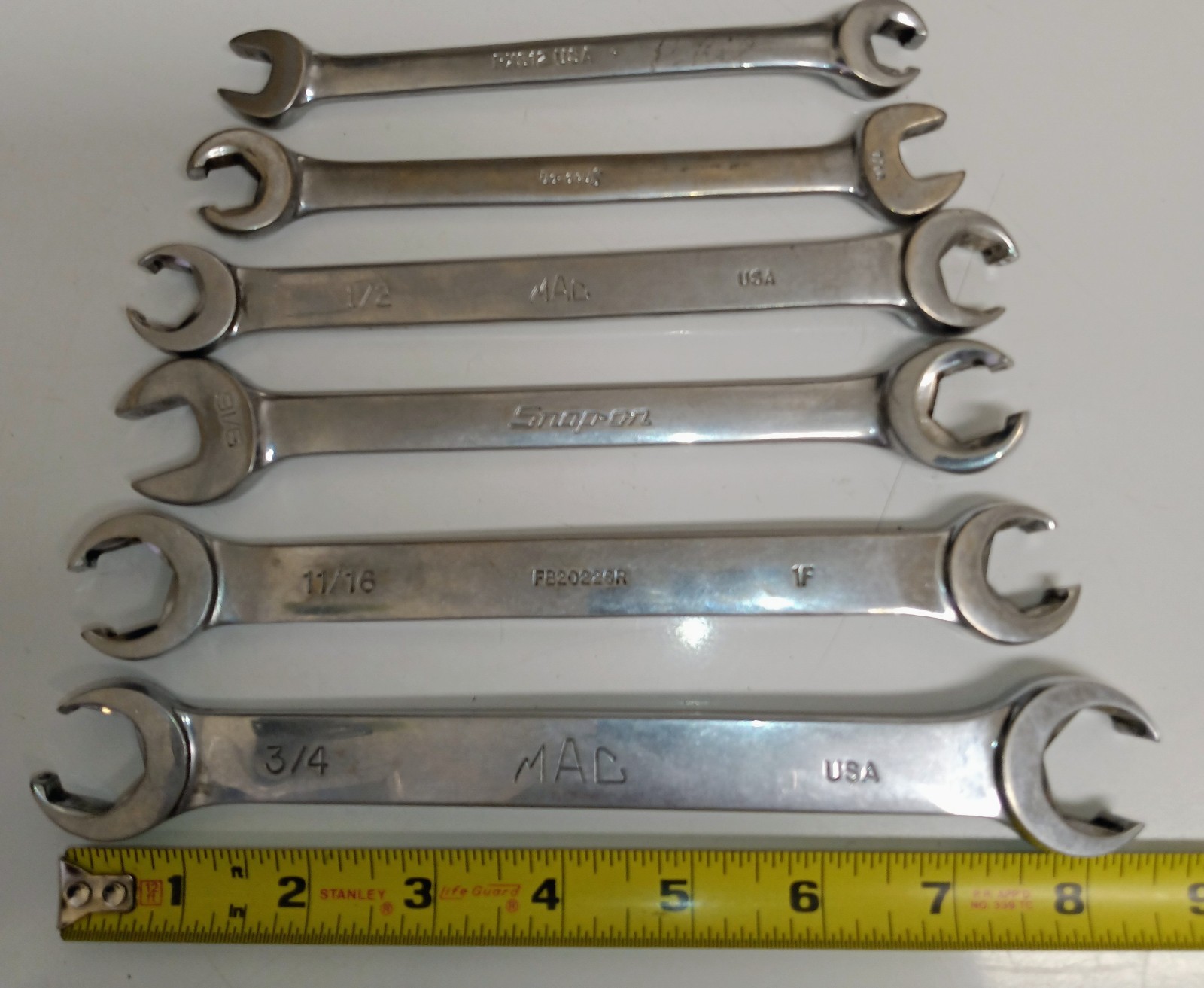 MAC & SNAP-ON Tool 6pc SET 6pt SAE Double-End Flare Nut Wrench’s ‘USED’