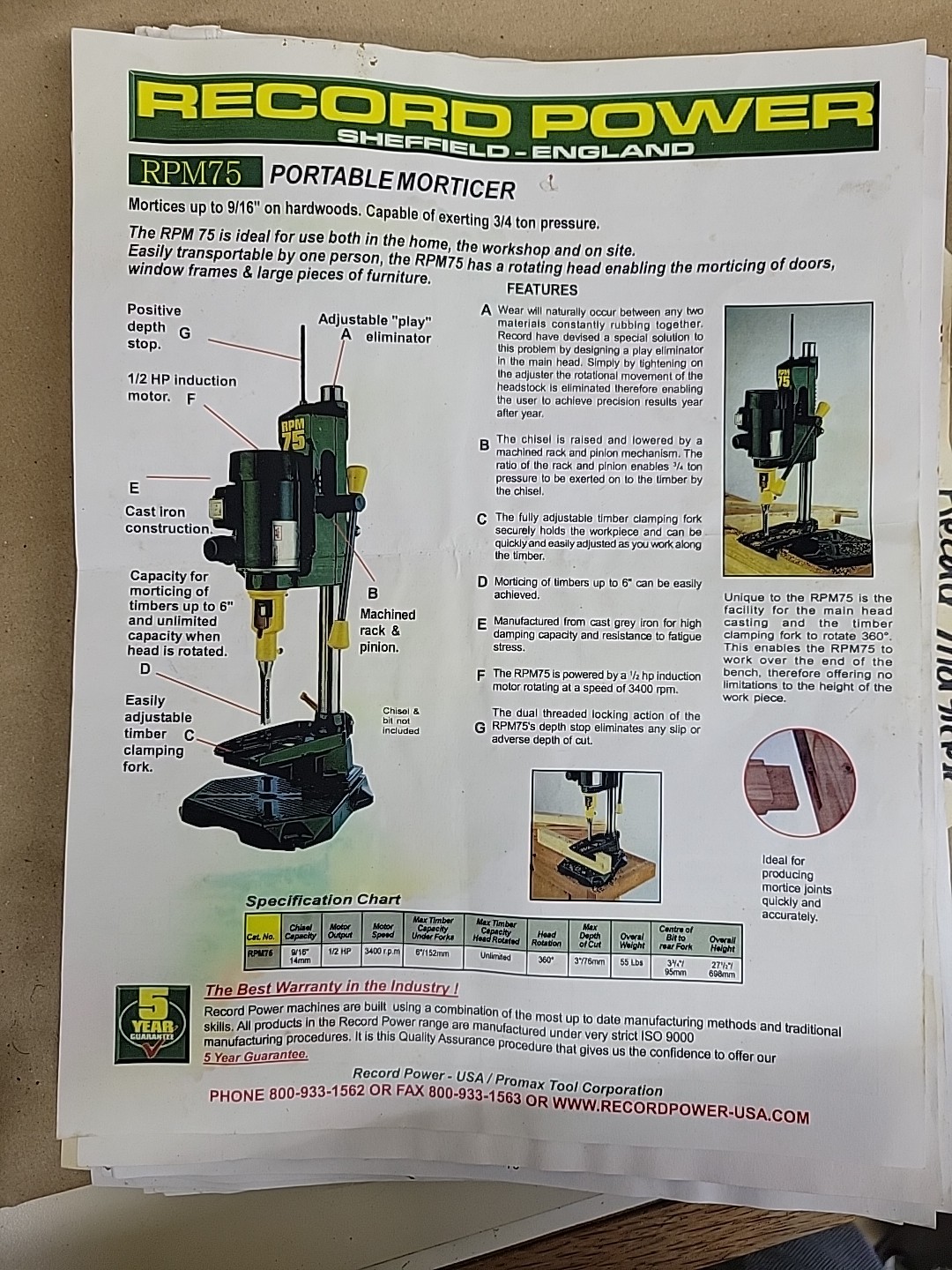 Record Morticer RPM75 Morticing Machine 1/4″ 3/8″ 1/2″ Chisels