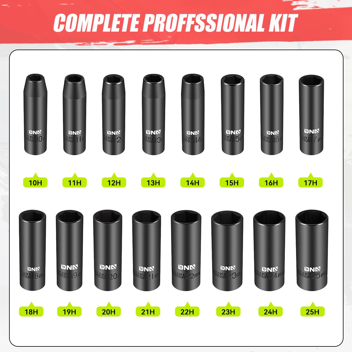 16Pack 1/2″ 10-25mm Chrome-Vanadium Steel Drive Metric Deep Impact Socket Set