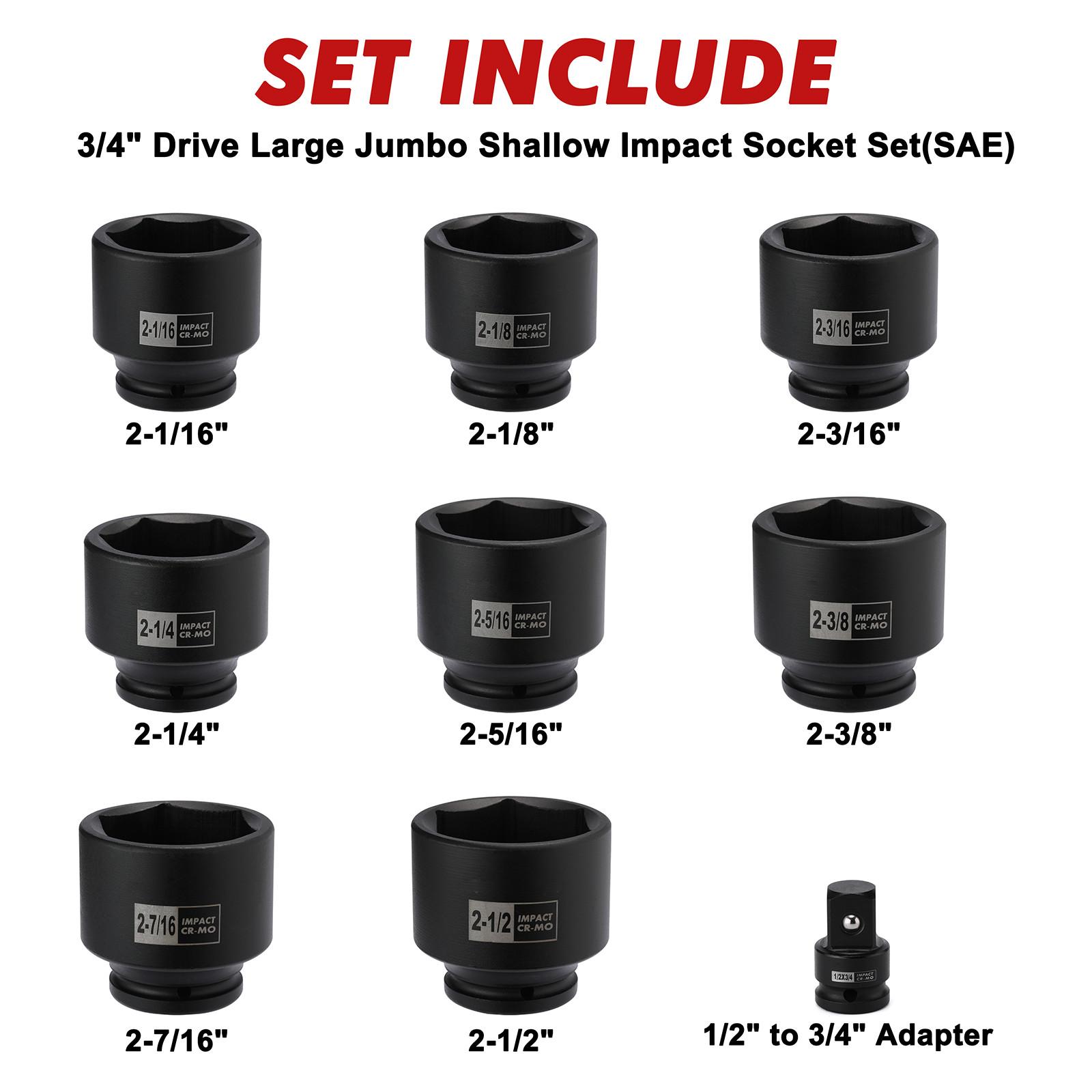 9PCS 3/4″ Drive Spindle Axle Nut Impact Socket Set 1/2″ to 3/4″ CR-MO 6 Point