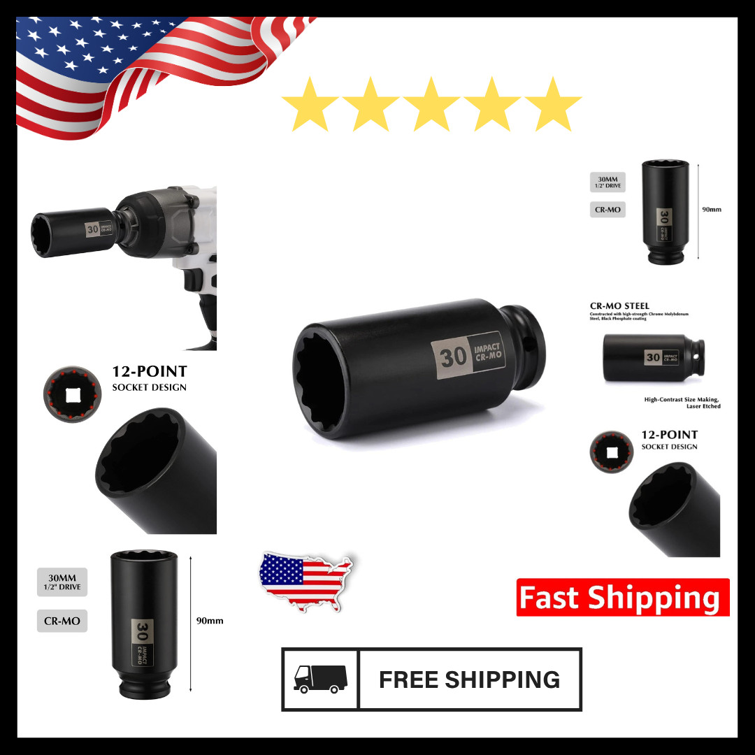 1/2 Inch Drive Deep Impact Socket 30mm Chrome Moly 12pt Metal Tool
