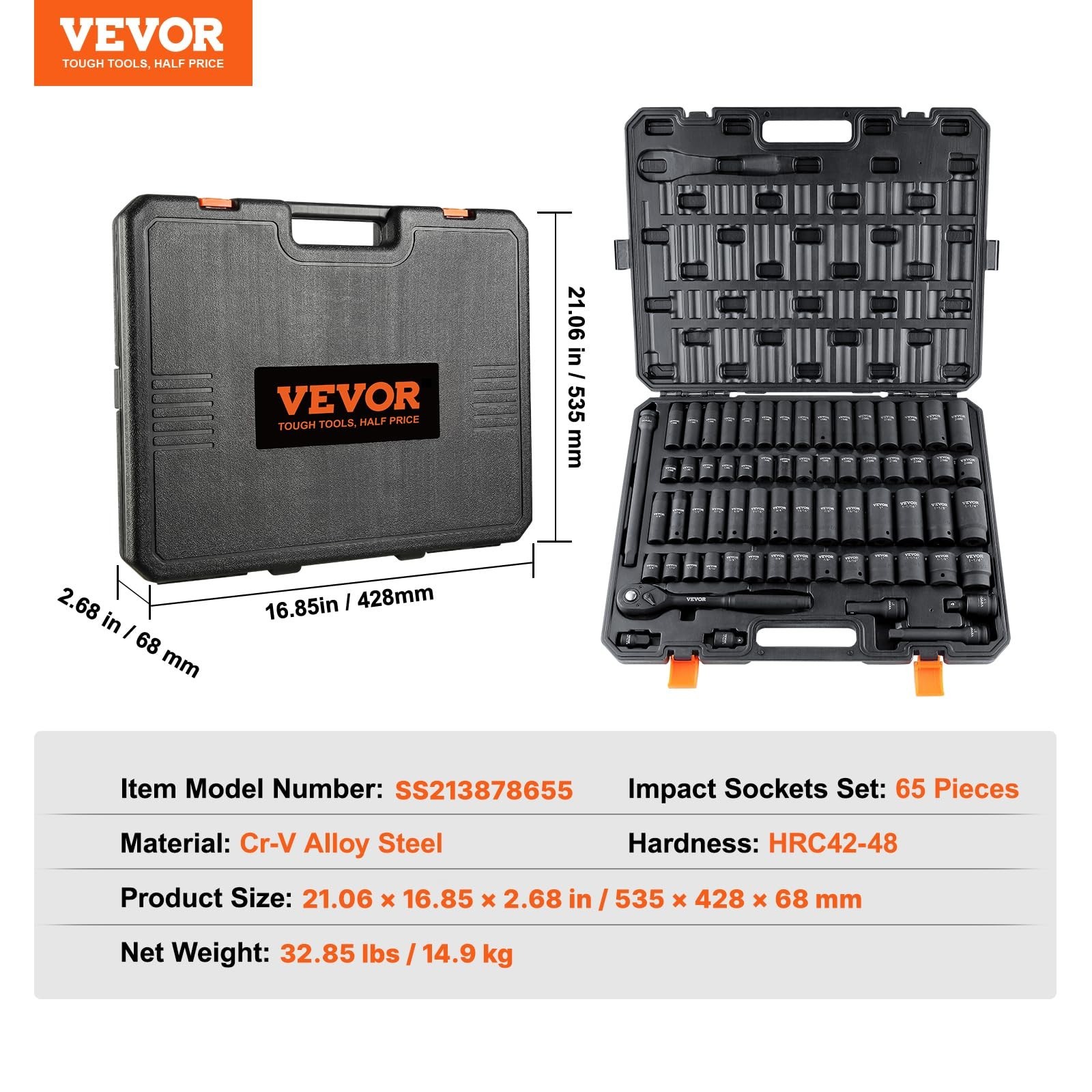 65-Piece Impact Socket Set 1/2″ Drive | SAE & Metric Cr-V Alloy Steel, 6 Point