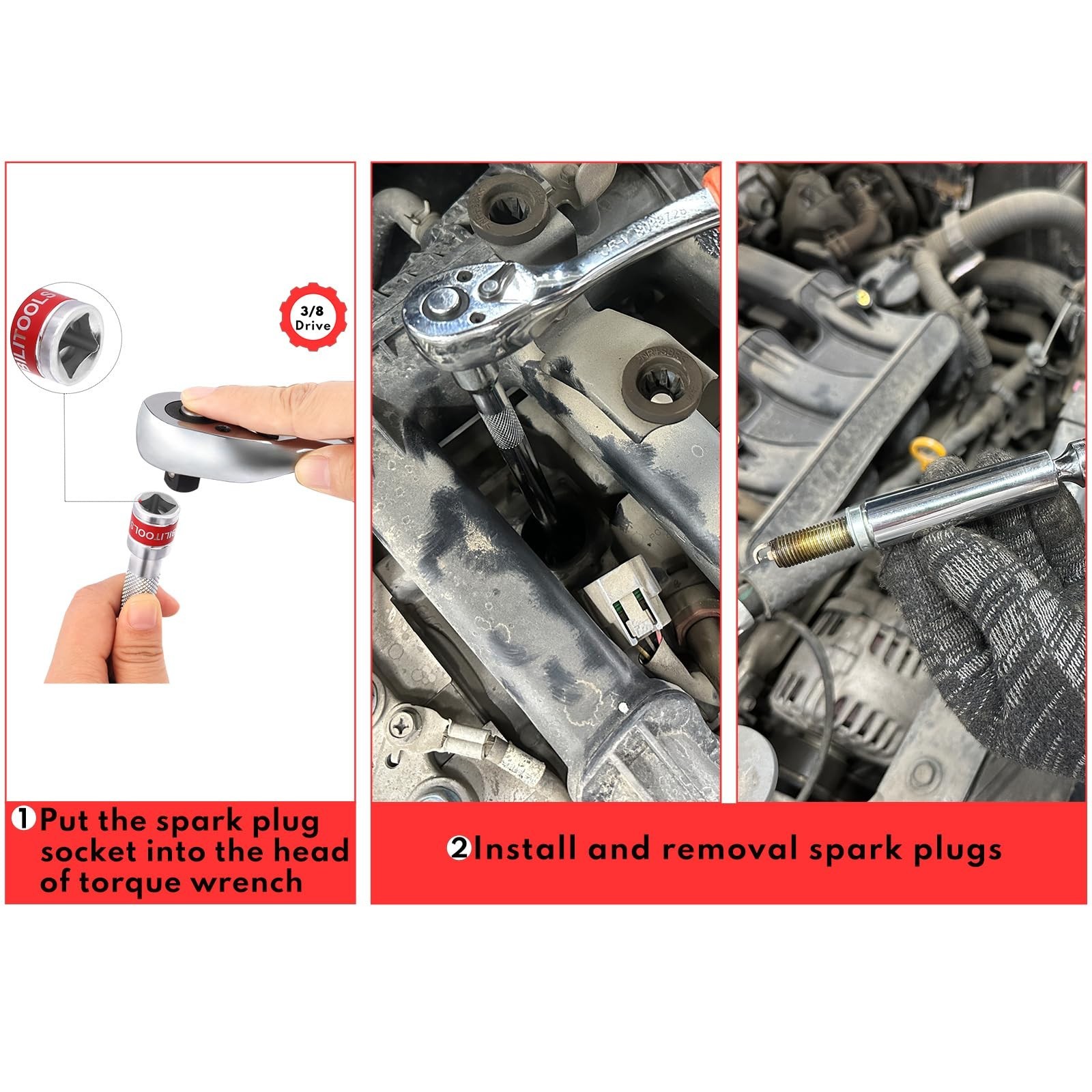 7pcs Magnetic Swivel Spark Plug Socket Set & Gap Tool, 3/8″ Drive, CR-V Steel, R