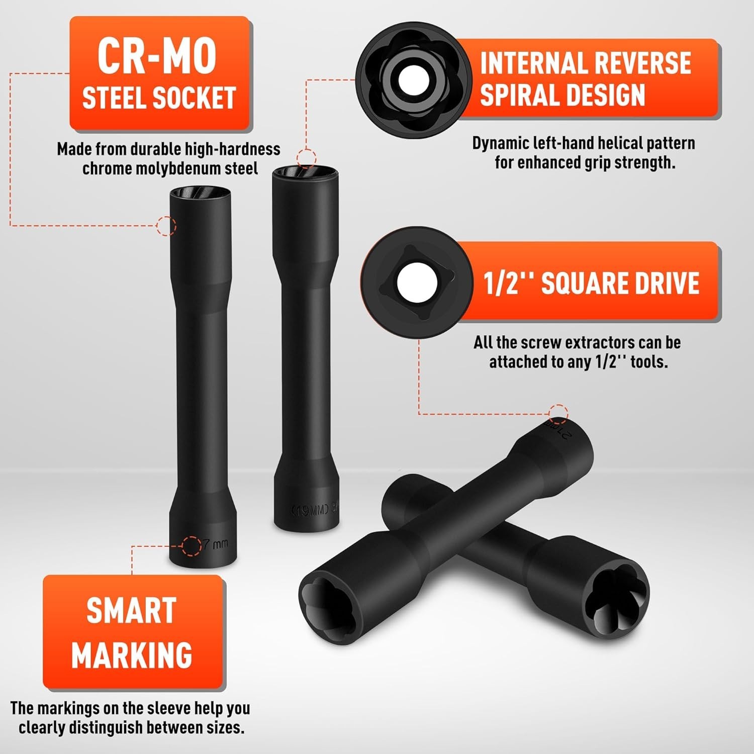 YEKEPRO 5 Pieces 1/2in Drive Spiral Type Deep Extractor Set Bad Lug Nut Remover