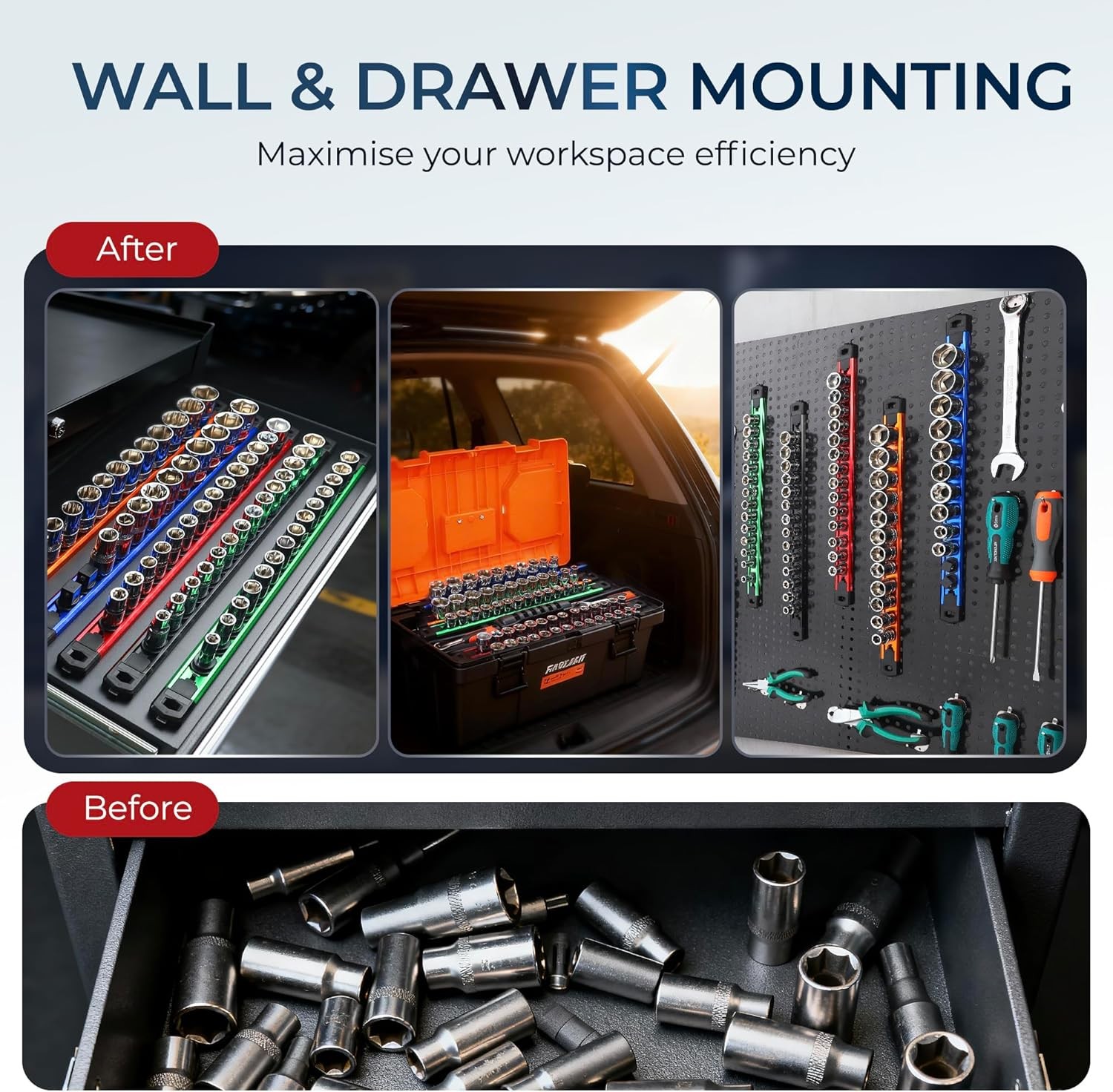 Magnetic Socket Organizer, 3/8″ Drive Aluminum Alloy Socket Rail