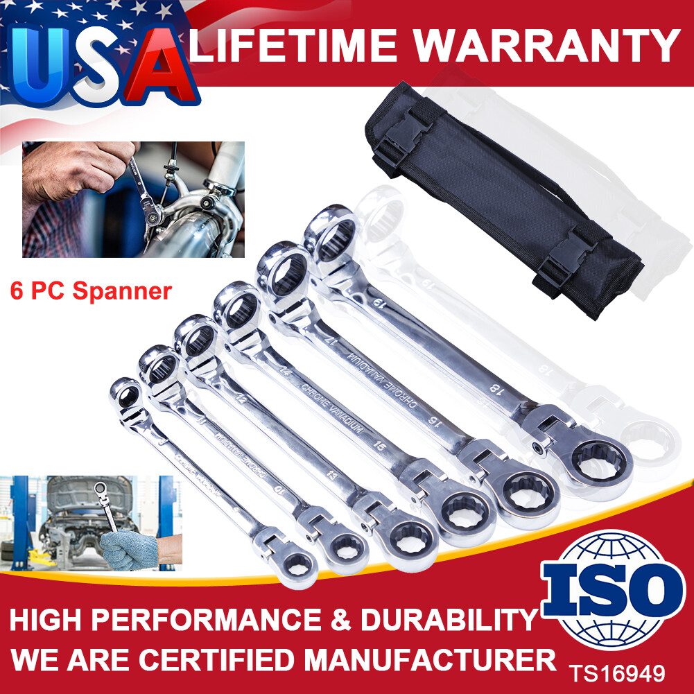 Double Box End Ratcheting Wrench Flex-Head Extra Long 6 PC Spanner Set Metric US