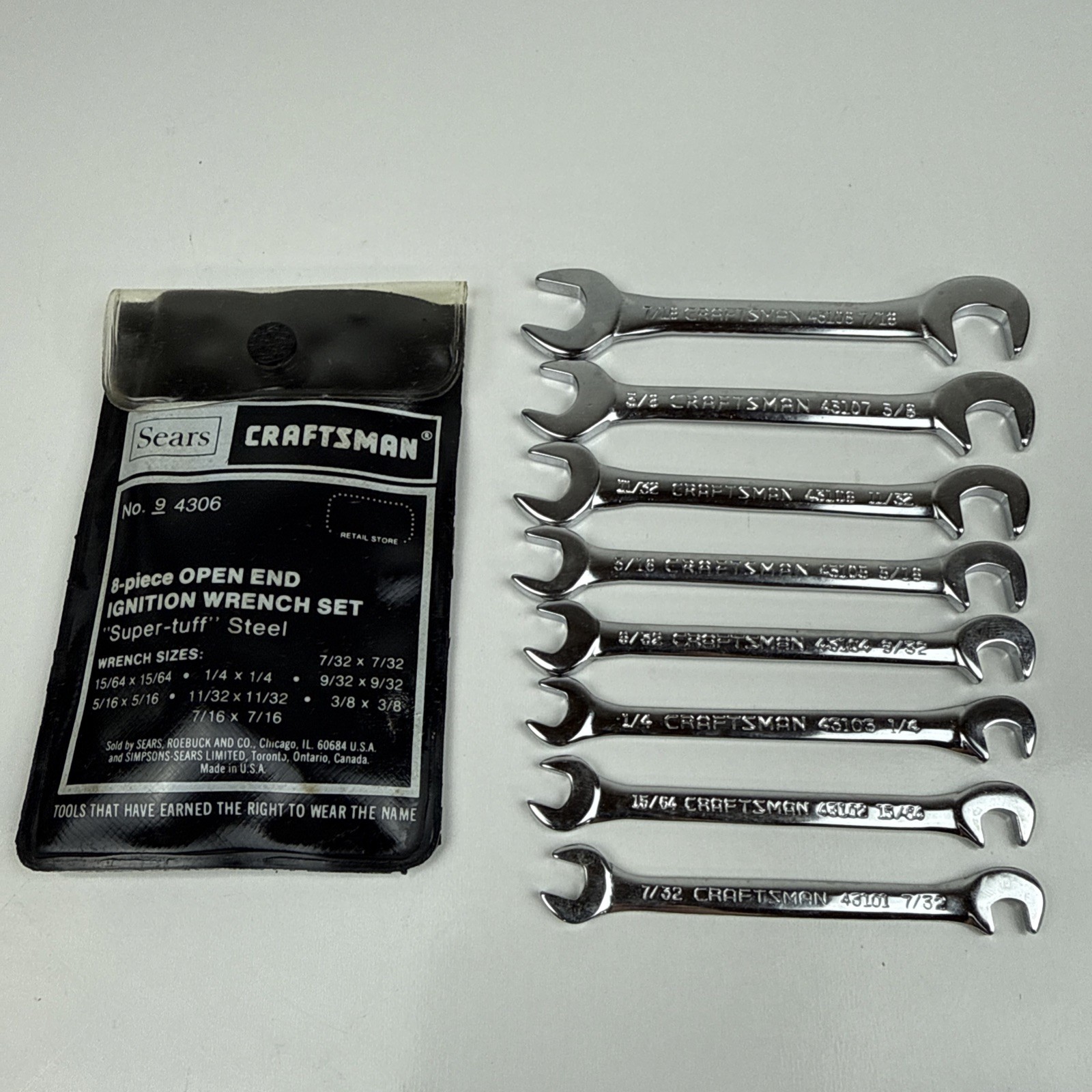 VINTAGE Craftsman USA 8 Piece SAE Open End Ignition Wrench Set 9 4306 Mint Cond.