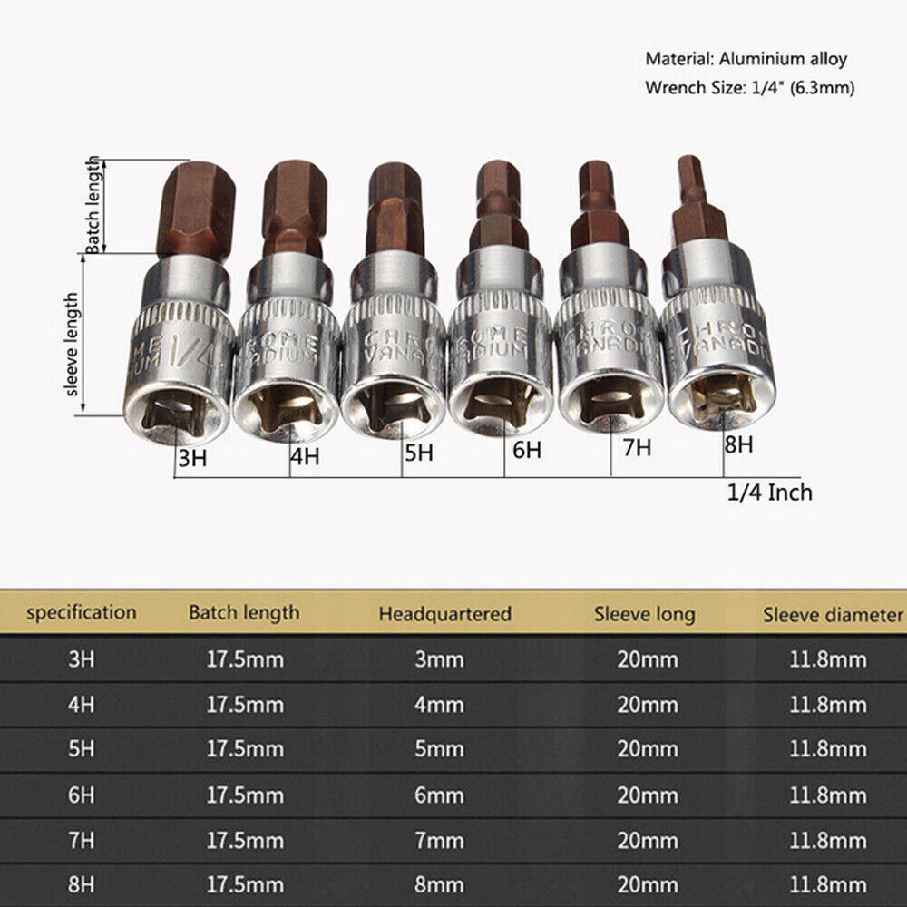 6pcs 3-8mm 1/4inch Hexagonal Drive Metric Hex Bit Sockets Nutdrivers Tools Set