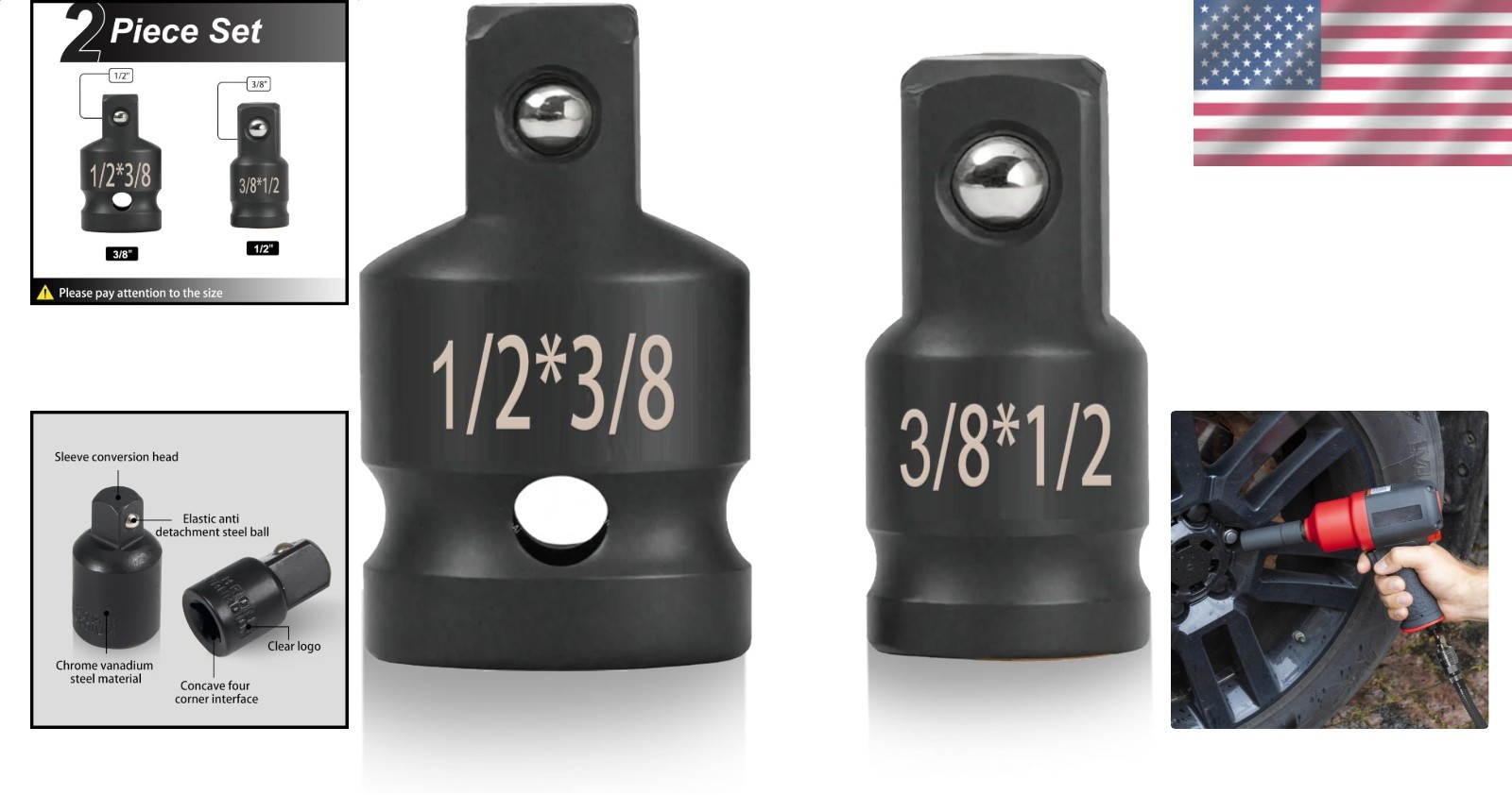 Impact Socket Adapter Set 2pc Breaker Bar Wrench Conversion 1/2 3/8 Drive