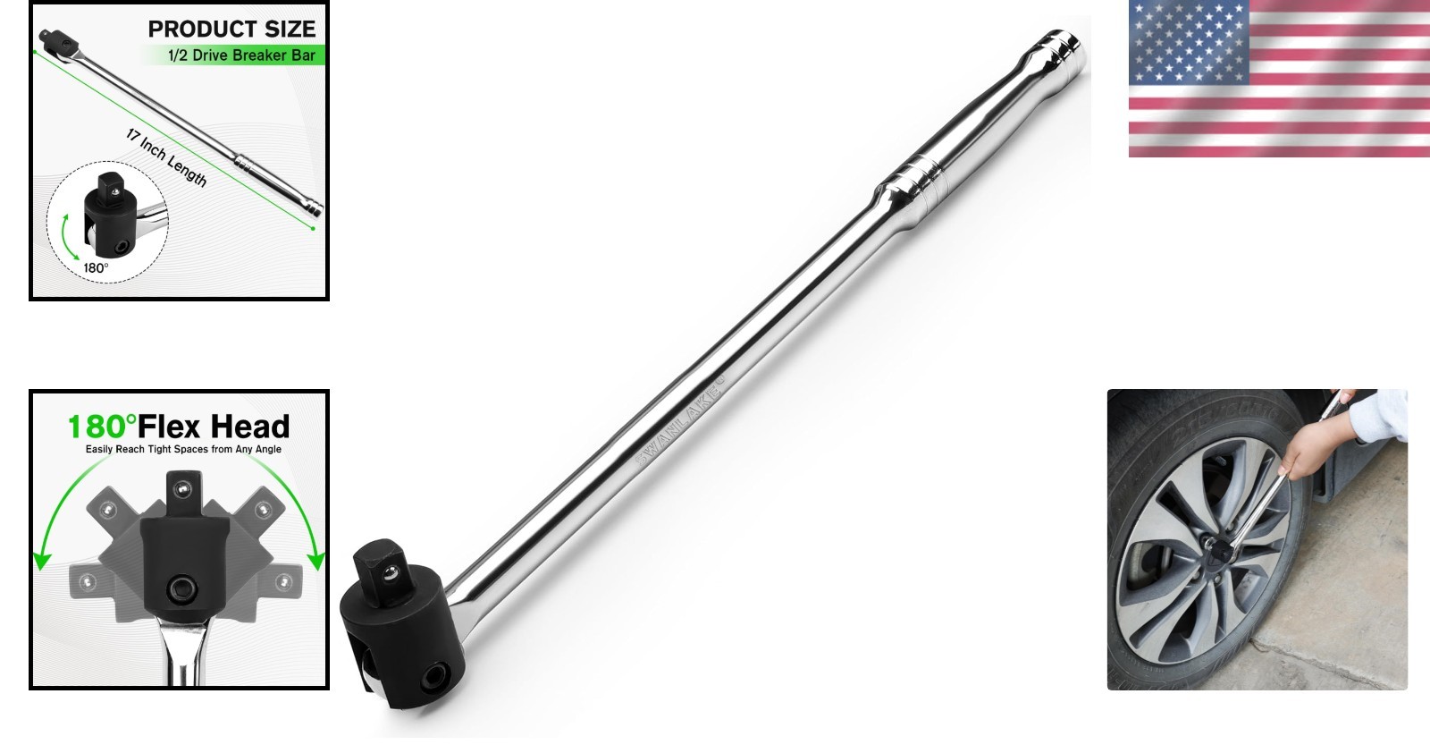 Durable 1/2 Breaker Bar, 17.5 Inches with 180-Degree Swivel for Tight Spaces