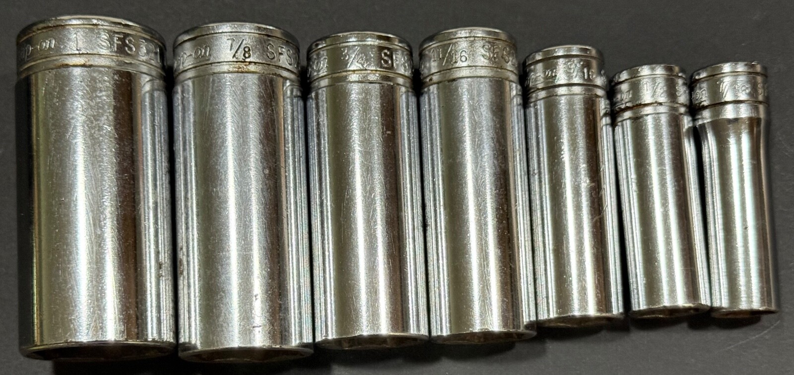 Snap-on 3/8″ Drive 6pt SFS series Deep Socket SAE Flank Drive USA 7 pc set.