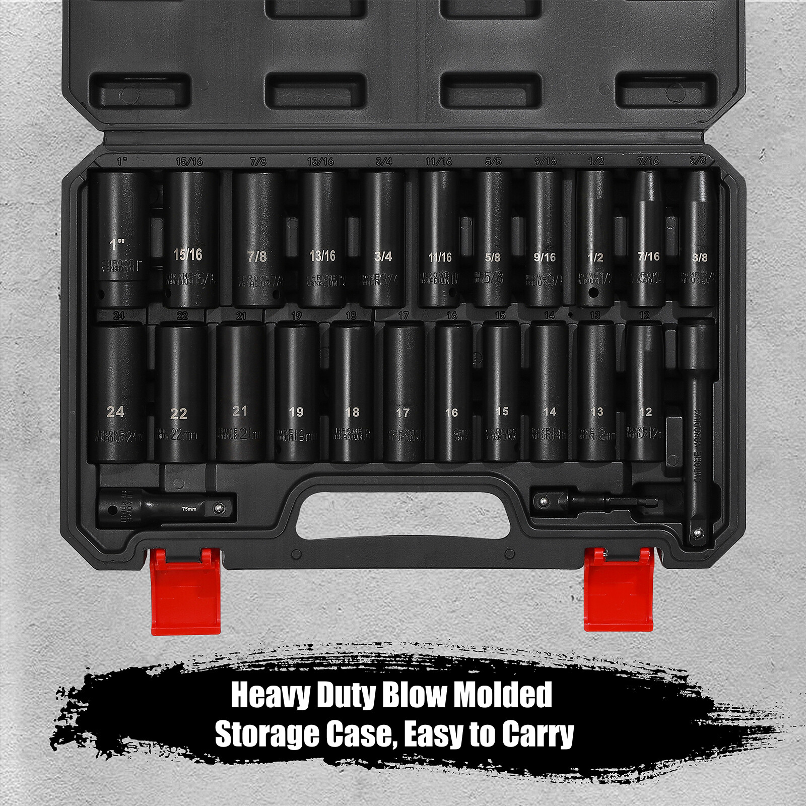 5PCS 1/2″ Drive Impact Socket Set Deep Cr-V Steel 6Point Metric&SAE 12mm to 24mm