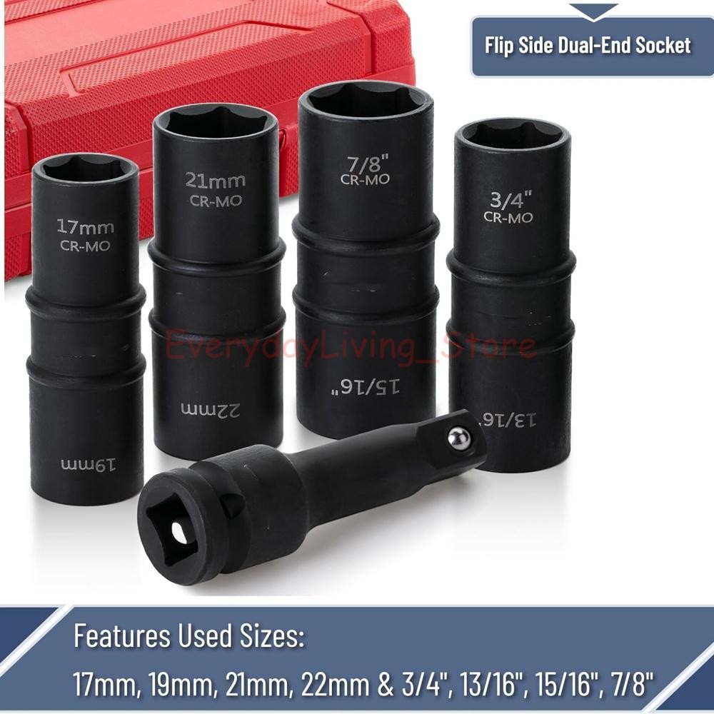 5PCS 1/2″ THIN WALL FLIP IMPACT SOCKET SET FOR AUTO RIMS TIRES LUG NUTS US