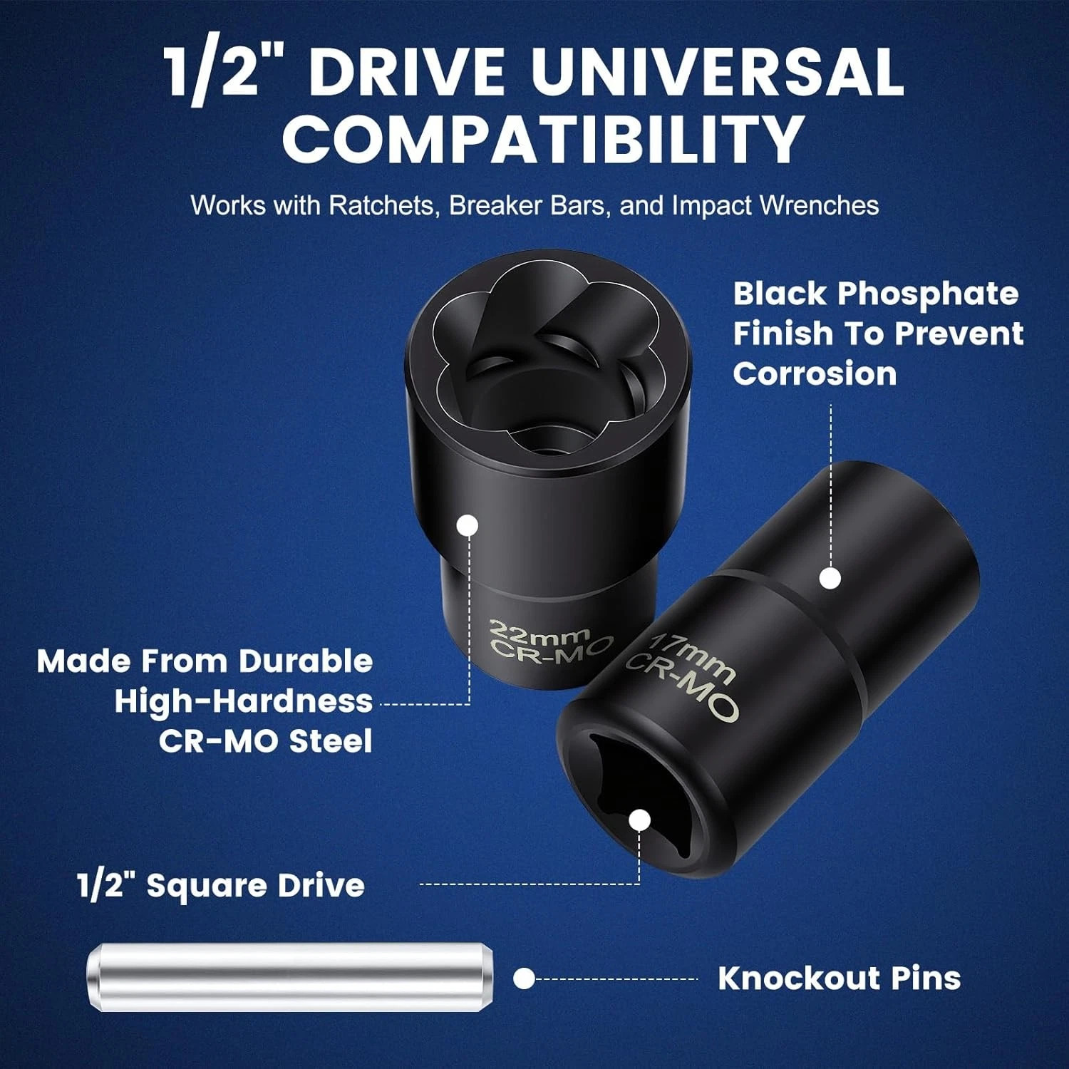 5Pcs Twist Socket 1/2” Drive For Wheel Lug Nut Damaged Removal and Extractor