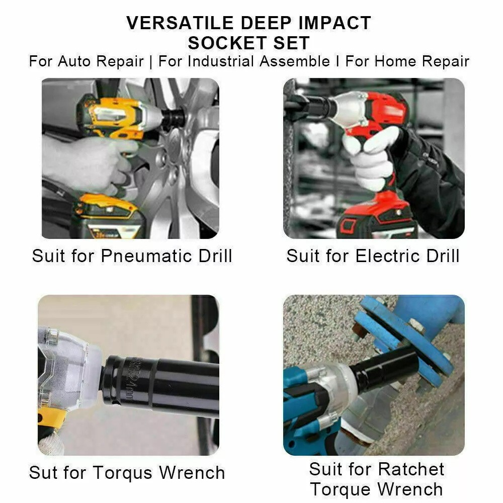 10pcs Metric Deep Impact Socket 1/2″ Drive 10mm-24mm 6 Point Sockets w/ Case-Set