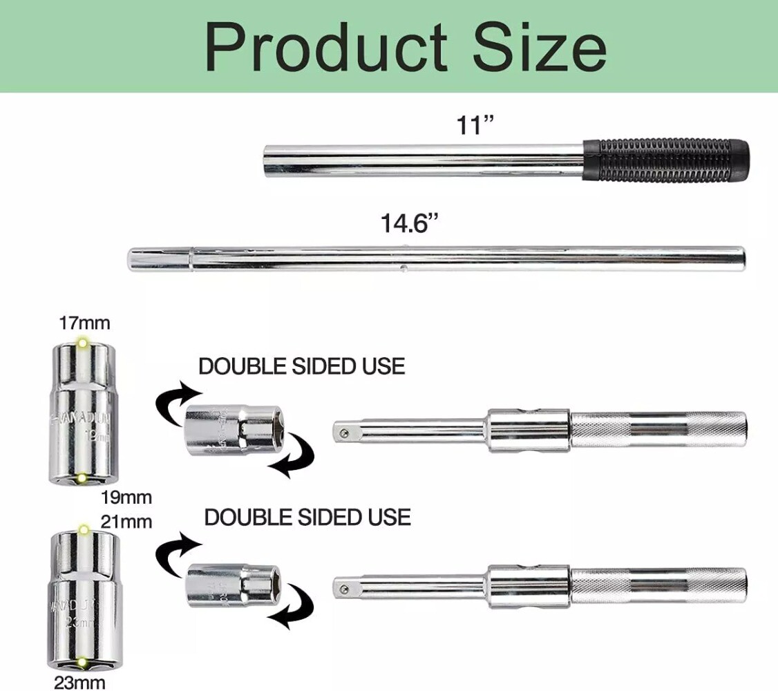 23″ Universal Extended Lug Wrench, 4 Way Tire Iron Nut Wrench Set W/Socket