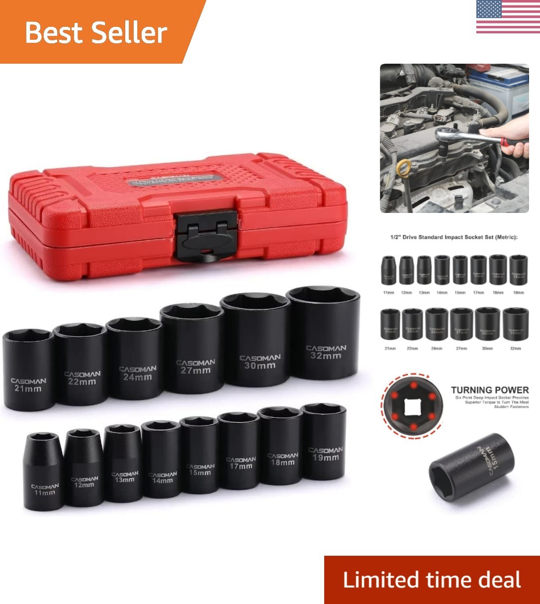 14 Pieces 1/2-Inch Drive Shallow Impact Socket Set, Metric, 6-Point, 11mm to …
