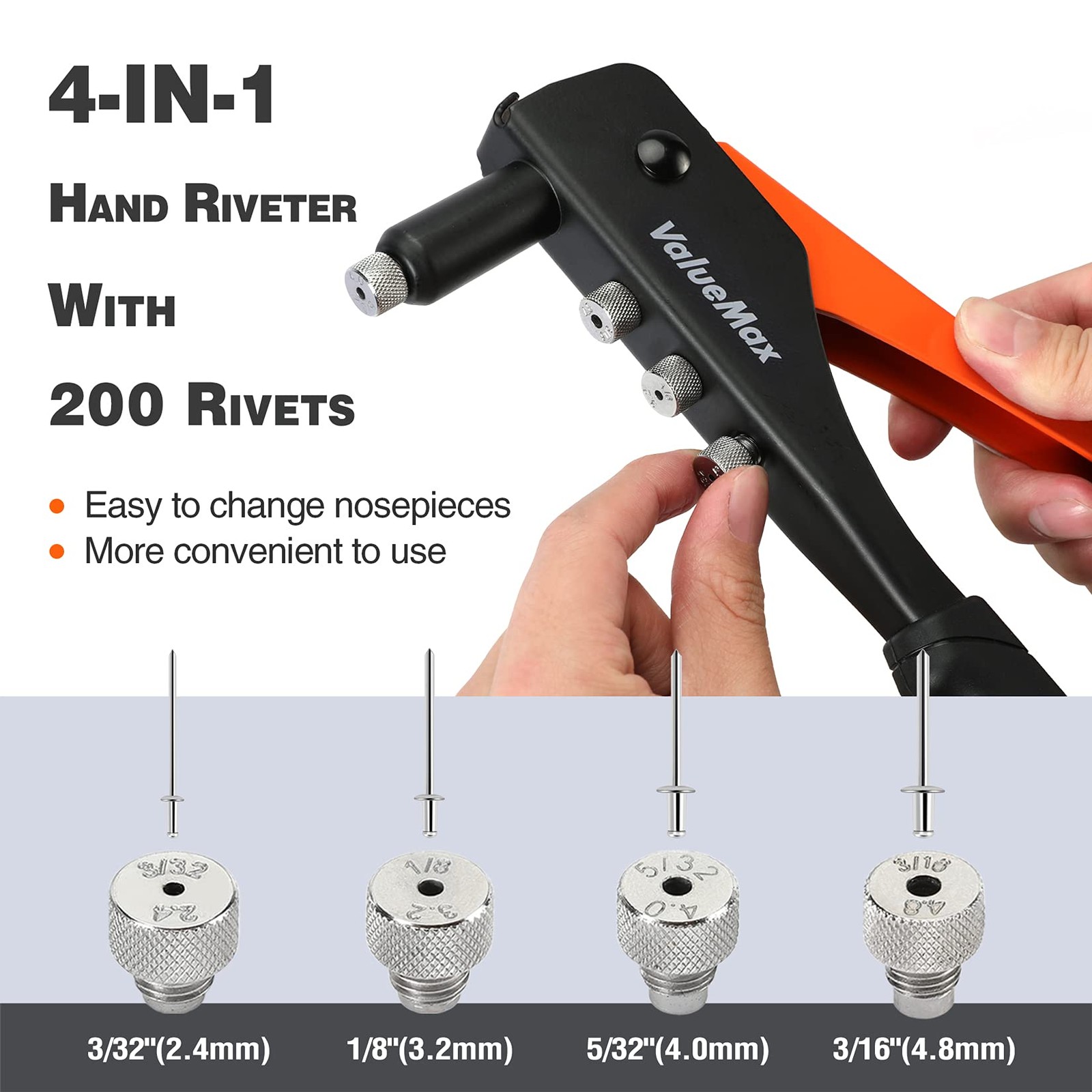 ValueMax 4-in-1 Hand Riveter/Rivet Gun, Pop Rivet Tool Kit with 200 Rivets -…