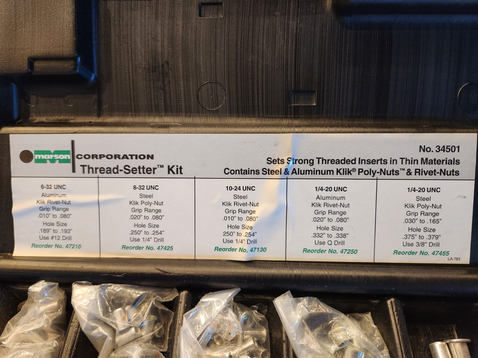 Marson Corp – Thread Setter Kit #34501 – Contains Steel & Aluminum Nuts – Used