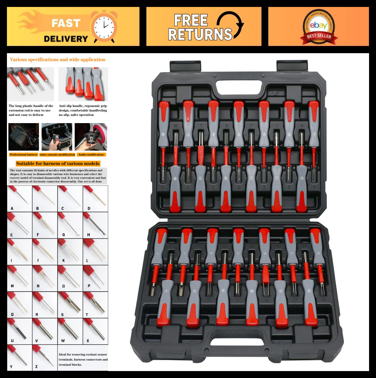26PCS Terminal Removal Tool Kit, Automotive Depinning & Connector Pin Ejector Se