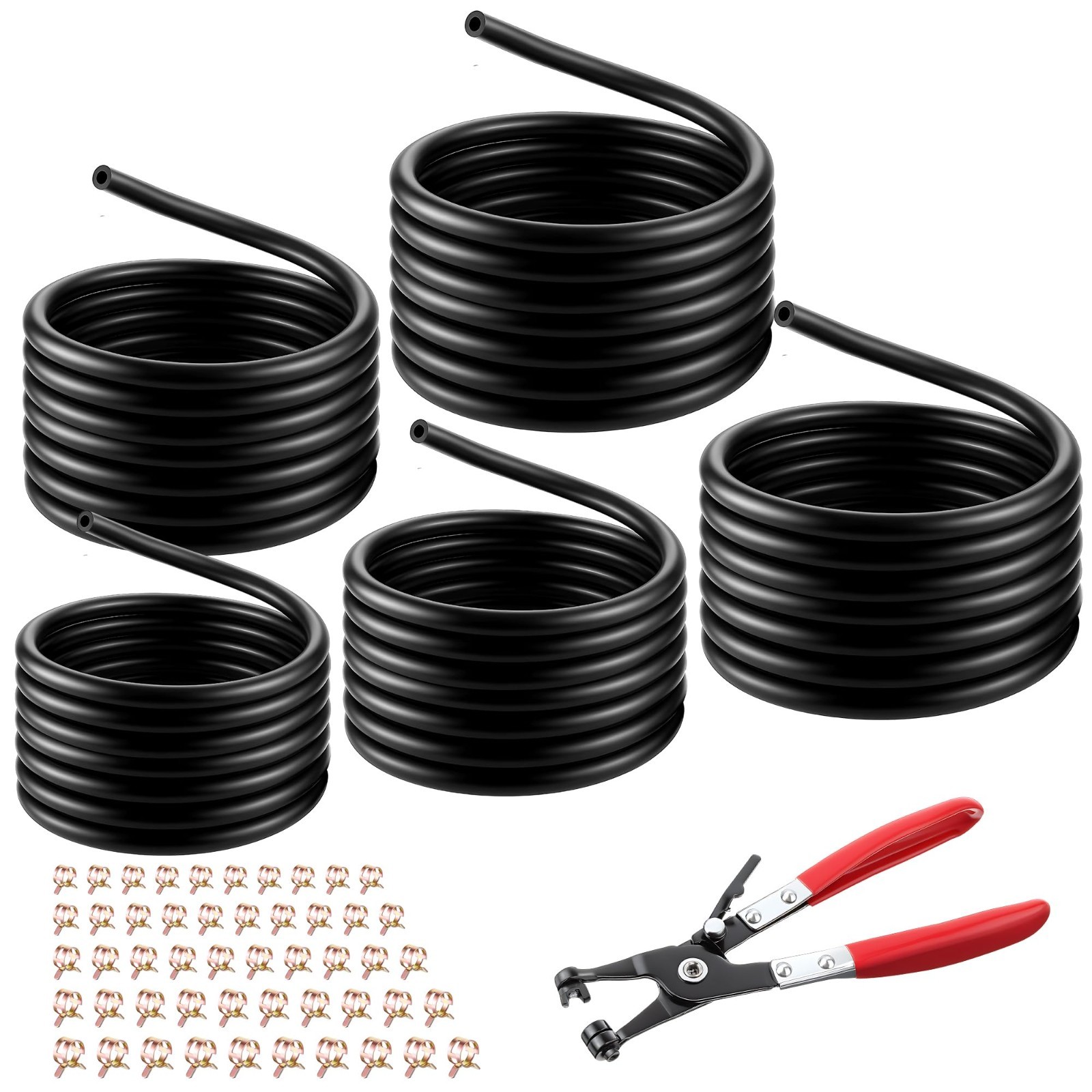 10 Ft Fuel Line Set – 5 Sizes 1/8″ to 5/16″ ID, Hose Clamp Pliers & 50 Clamps fo