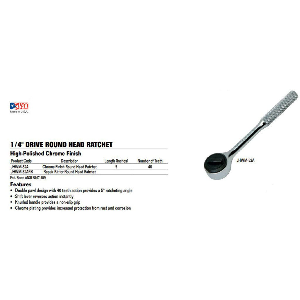 1/4″ Drive, Round Head Ratchet,72 Teeth, High-Polished Chrome, Williams M-52A