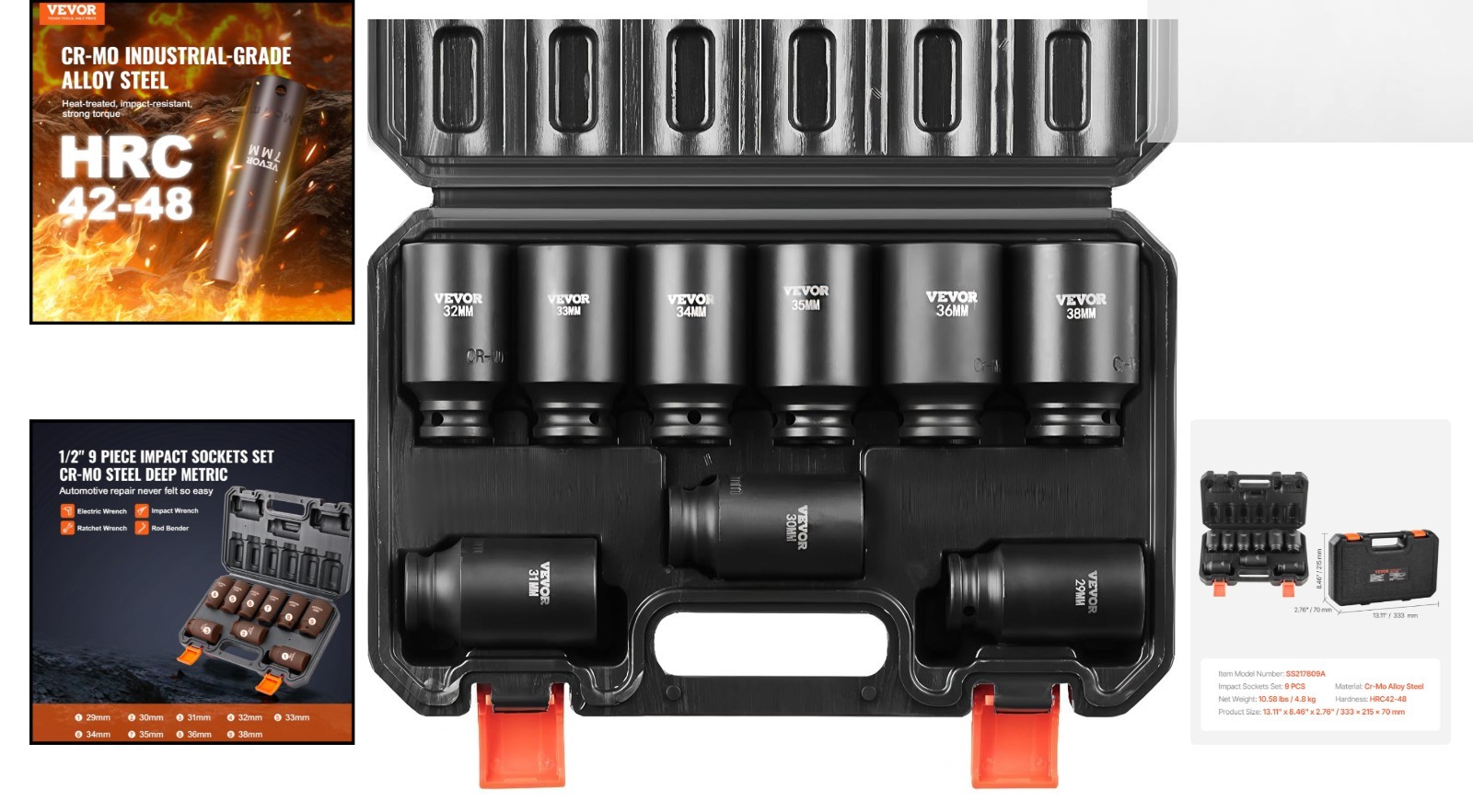 Efficient 1/2″ Cr-Mo Drive Socket Set: 9 Deep Impact Sockets with Clear Markings