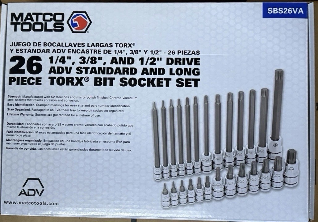 Matco Torx Bit Socket Set 1/4, 3/8 And 1/2 Drives (26 Piece Set) SBS26VA