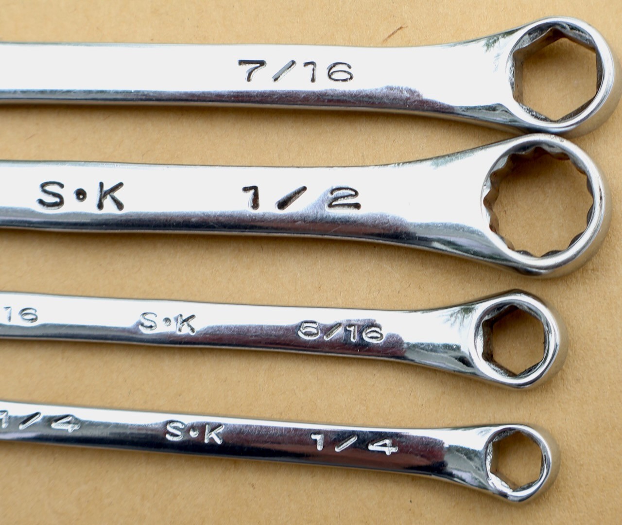 (4) S-K Tools (USA) Combination Wrenches / 7/16 – 1/2 – 5/16 – 1/4 – SAE / MTT