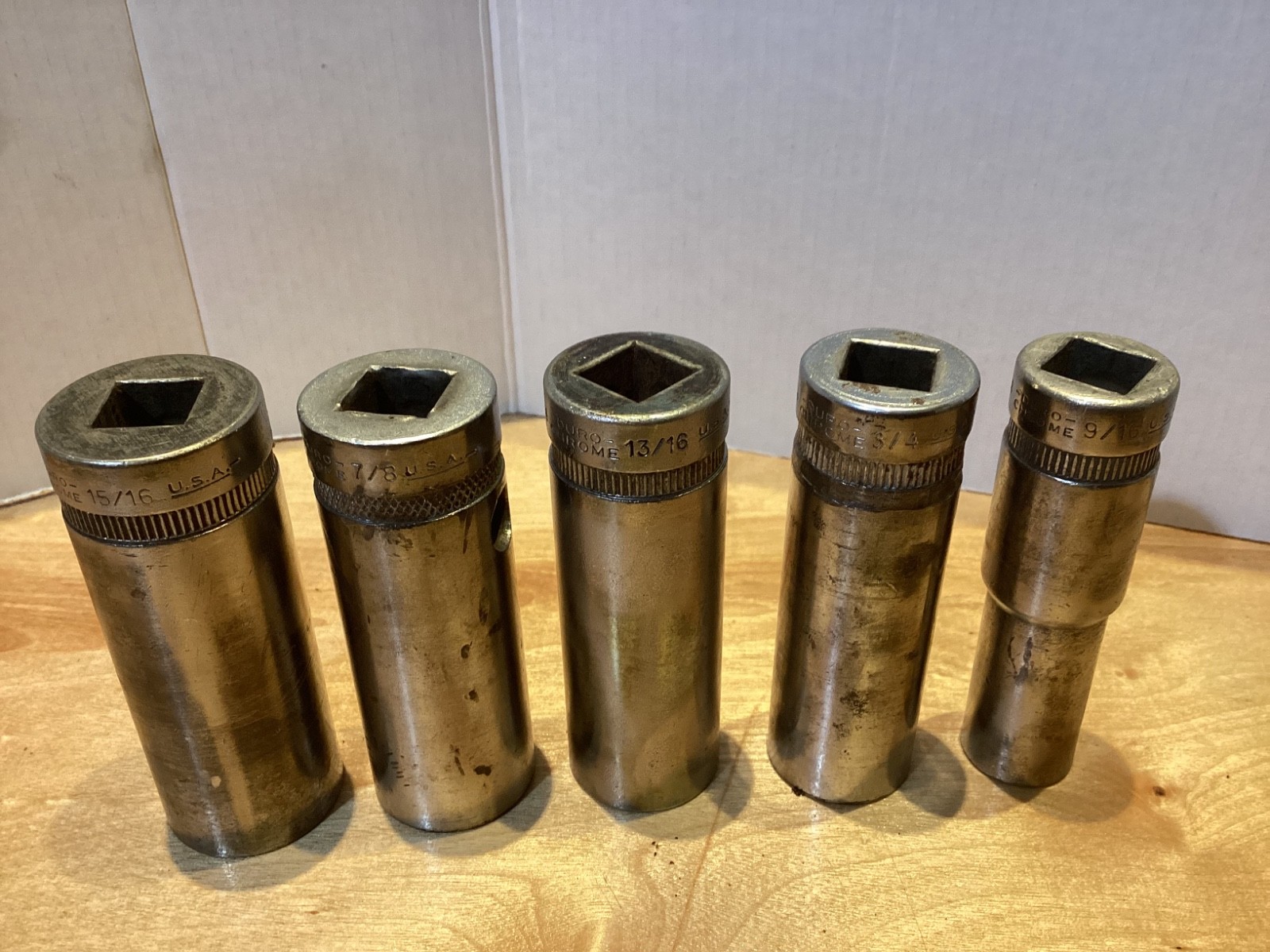 Vintage Duro Chrome deep 1/2″ drive sockets 15/16, 7/8, 13/16, 3/4, 9/16