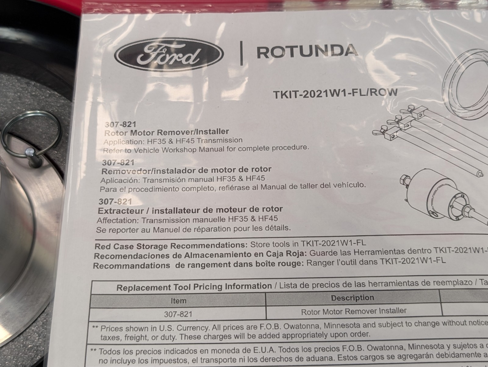 Ford Rotunda OTC 307-821 Remover Installer Fixture Set HF35 HF45 TKIT-2021W1-FL