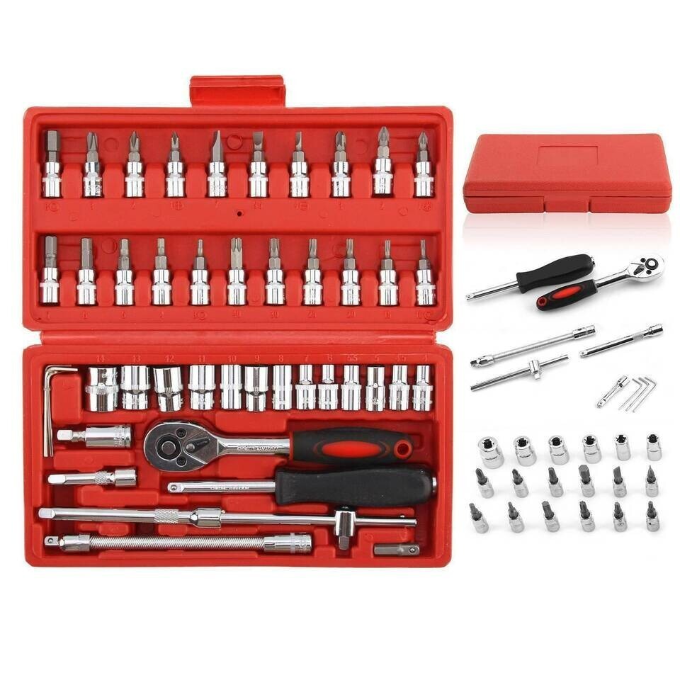 46PC Ratchet Torque Wrench Kit Hand Repair Tool For Car Bike 1/4″ Socket Set Kit