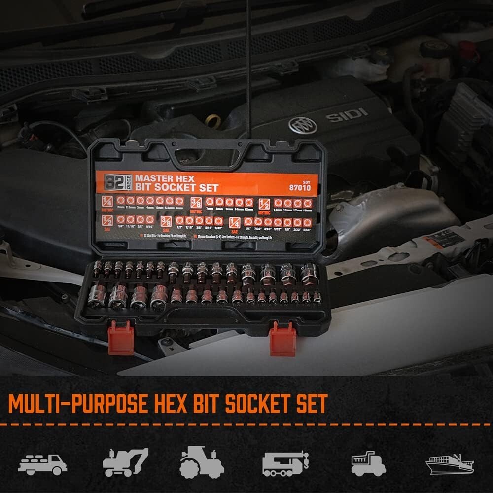 32 Piece Hex Bit Socket Set S2 Steel Allen Sockets, SAE & Metric, 1/4″ 3/8″ 1/2″