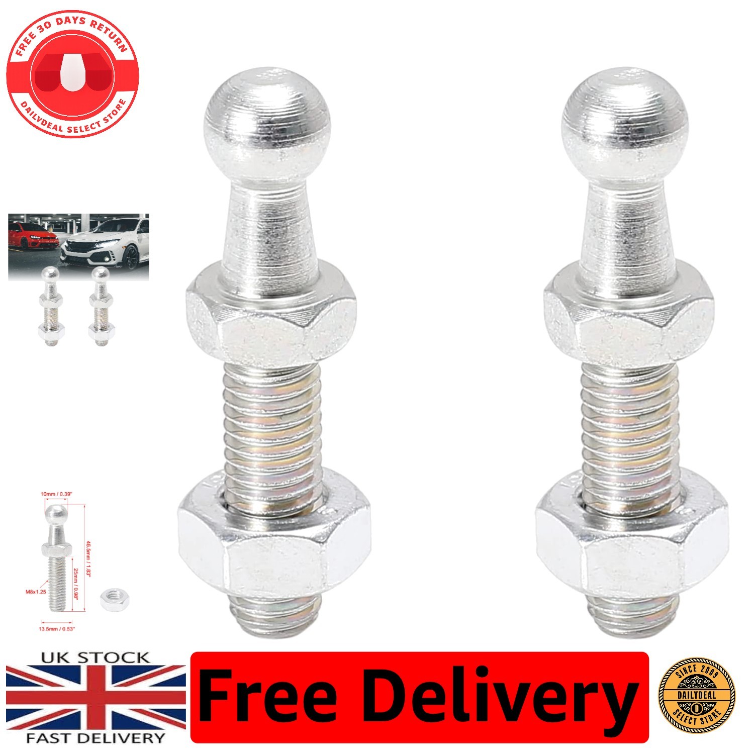 Silver Tone M8x25mm Gas Strut Ball Studs – Ideal for Bonnet Lifters – 2 Pack