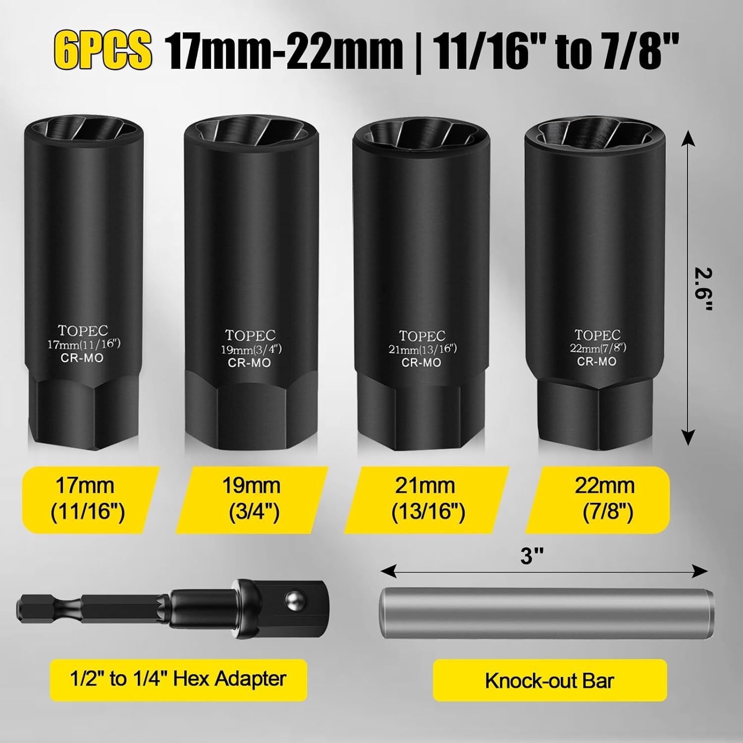 Topec 6PCS Deep Lug Nut Removal Tool 1/2 Drive Extractor Set 17-22MM for Strippe