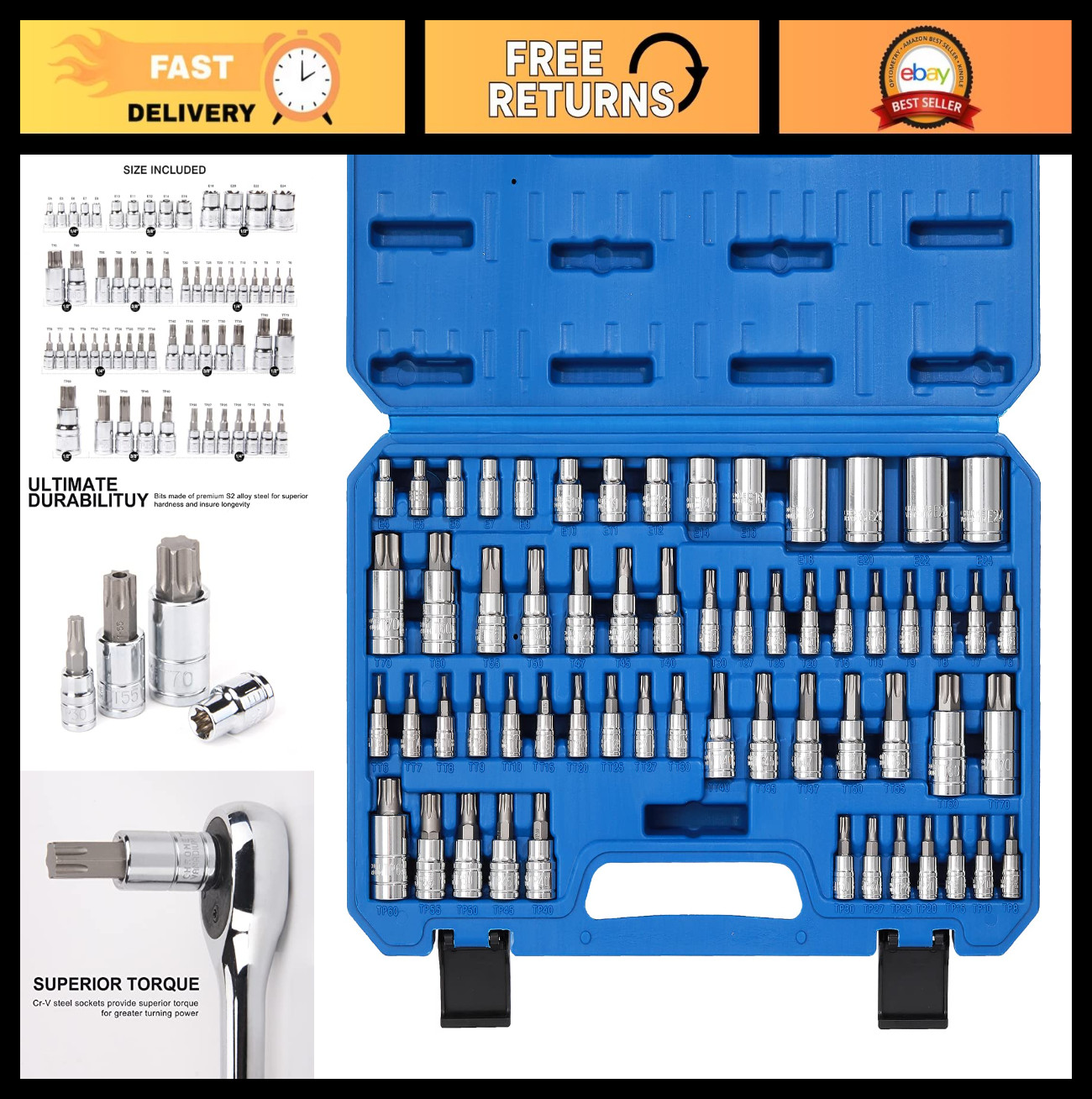 60-Piece Torx Bit Socket & External Socket Set, S2 & Cr-V Steel, E4-E24, T6-T70
