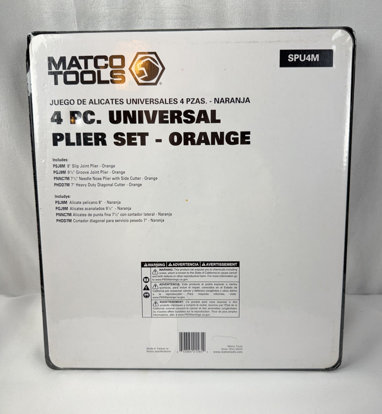 NEW Sealed Matco Tools SPU4M 4pc Universal ORANGE GRIP Pliers Set w/ Tray