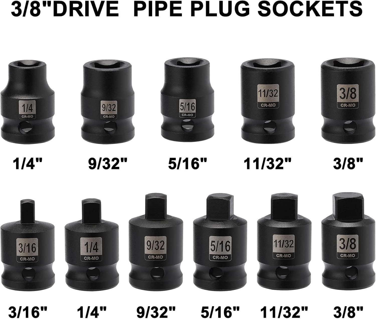 3/8″ Drive 11Pc SAE Pipe Plug Impact Socket Set Tapered Male Female Square Drive