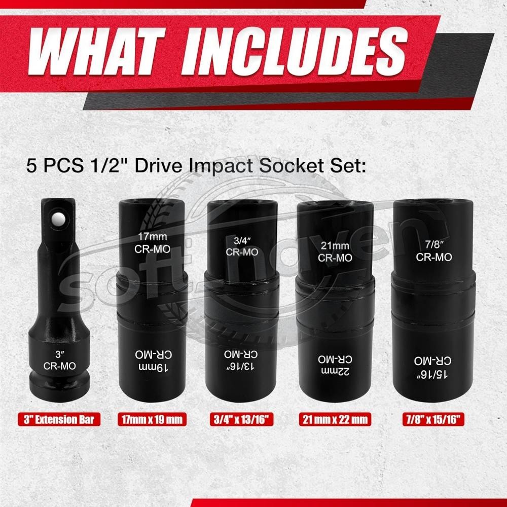 5PCS 1/2″ THIN WALL FLIP IMPACT SOCKET SET FOR AUTO RIMS TIRES LUG NUTS US