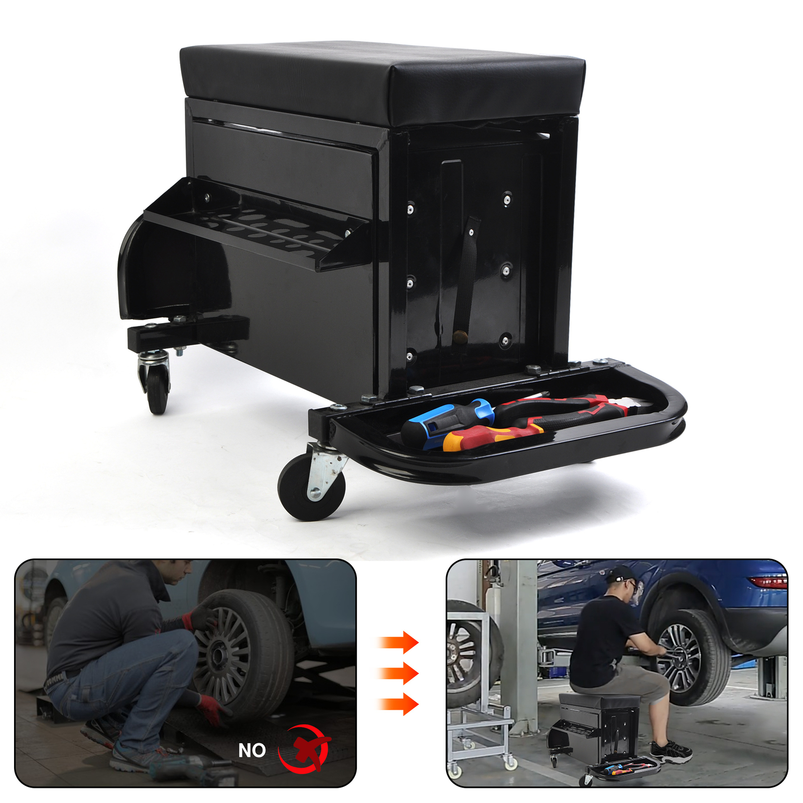 350LB Mechanics Roller Seat Tool Box w/ Magnetic Pads 3-Drawer,Cushion,Rear Tray