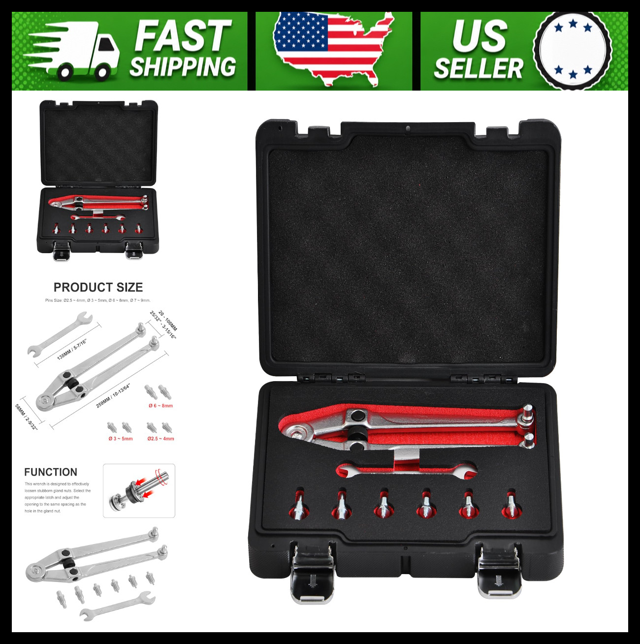 Adjustable Pin Spanner Wrench Set for Gland Nuts, 25/32″ to 3-15/16